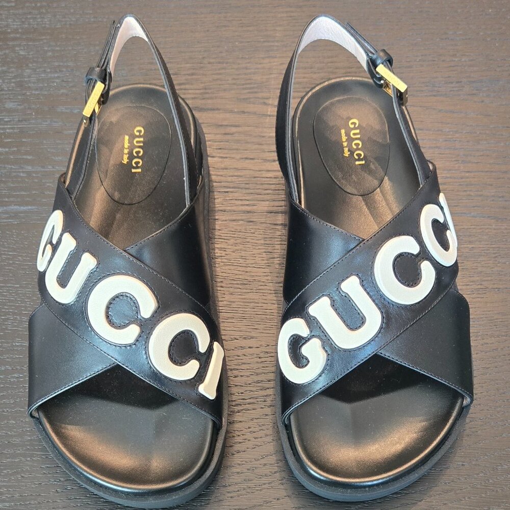 Gucci Calfskin Elizabeth Nappa Charlotte Logo Slingback Sandals (37 EU)